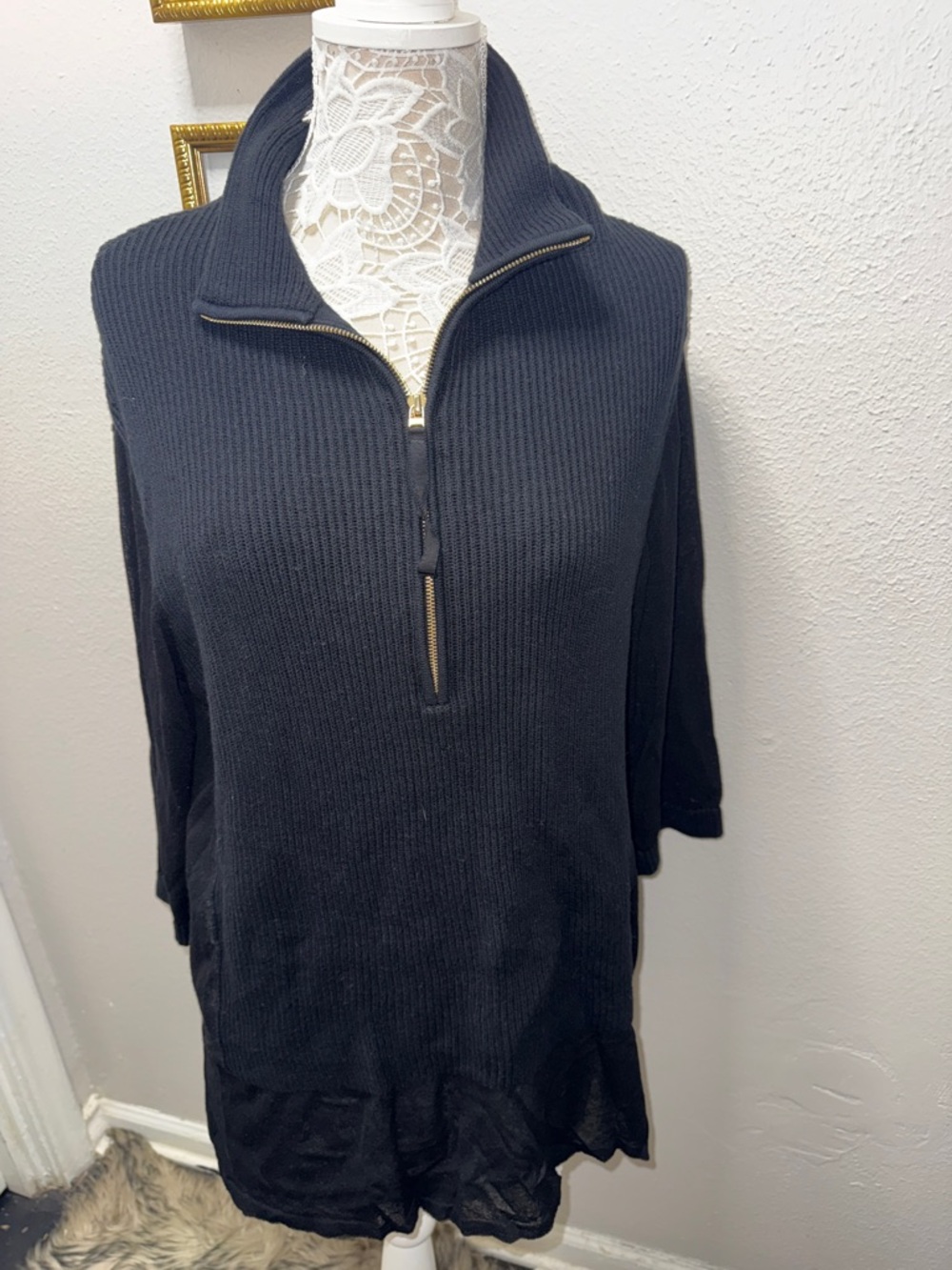 Escada Black Ribbed Half-Zip Knit Tunic Camisole